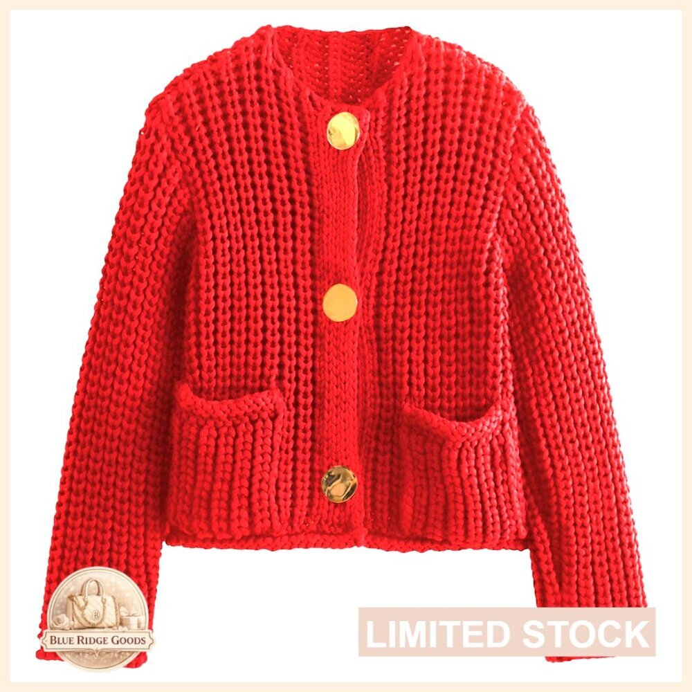 Chunky Knit Cropped Cardigan Sweater Button Down Long Sleeve Open Front